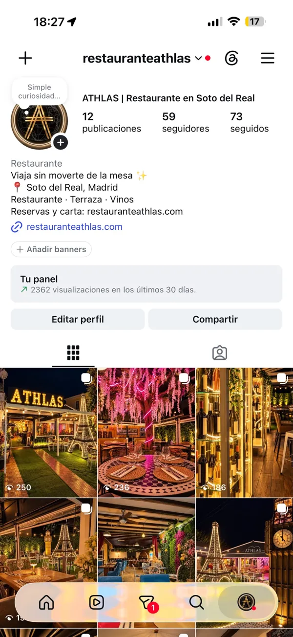 Captura real del perfil de Instagram @restauranteathlas
