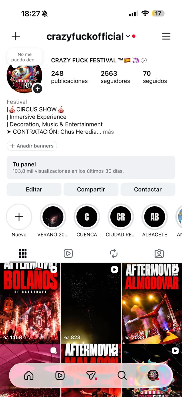 Captura real del perfil de Instagram @crazyfuckofficial