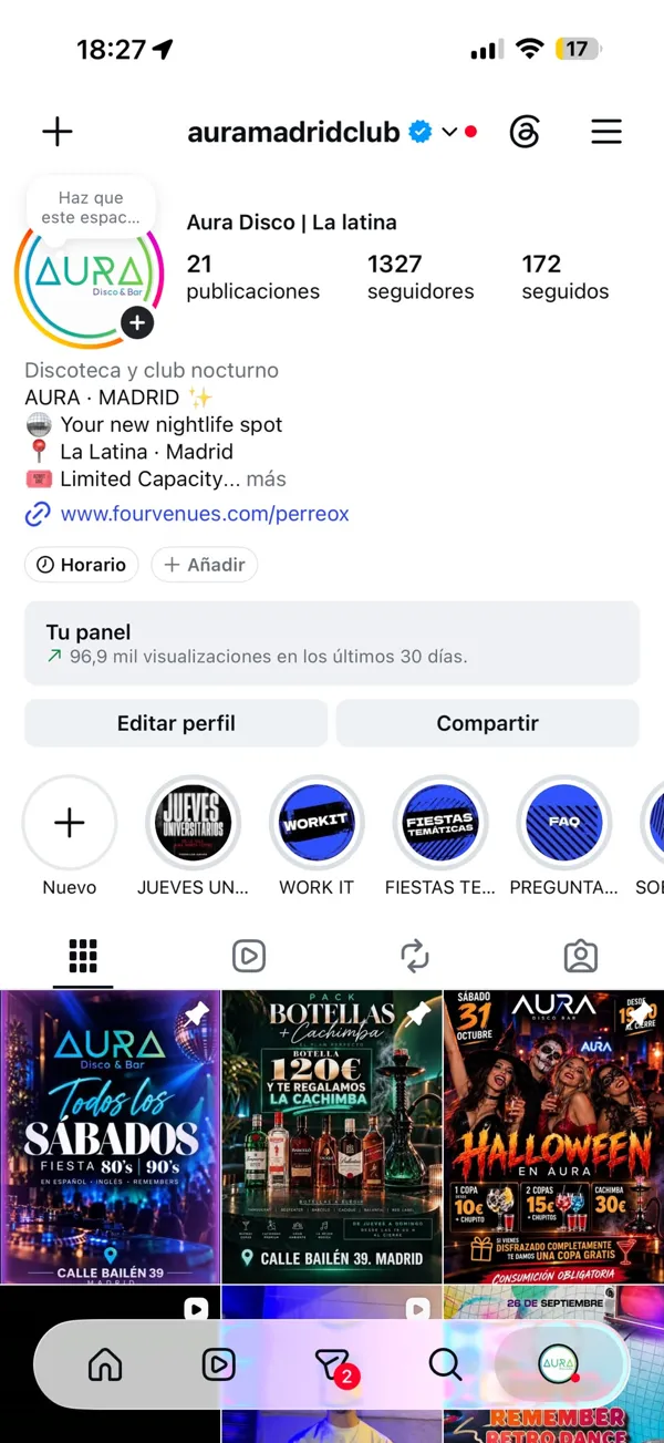 Captura real del perfil de Instagram @auramadridclub