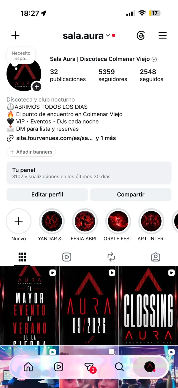 Captura real del perfil de Instagram @sala.aura